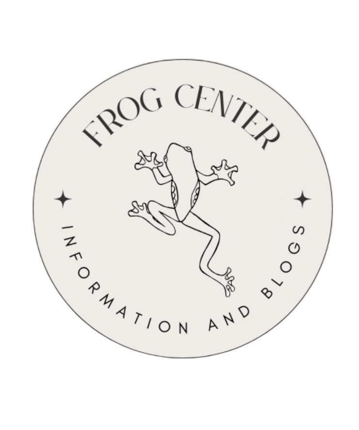A circluar logo with an outline of a frog and the words of the company 'Frog Center'